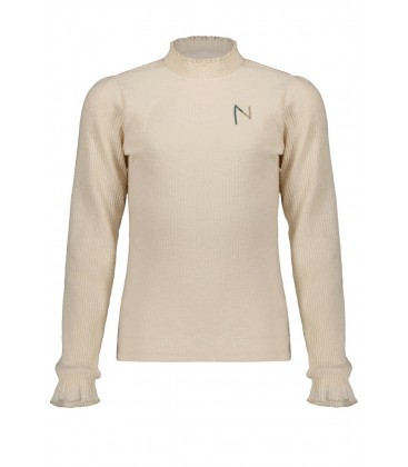 NoBell Kooka melange rib jersey puffed sleeved top+smock at neck and sleeve end - Pearled Ivory