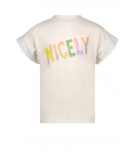 NoNo Kebou tshirt short embroidered sleeves with HAPPY print - Pearled Ivory